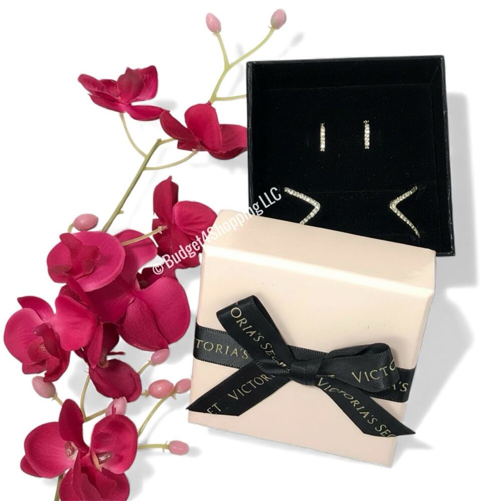 Victoria's Secret Gold Tone "V" Bangle Bracelet & Crystal Stud Earrings Set